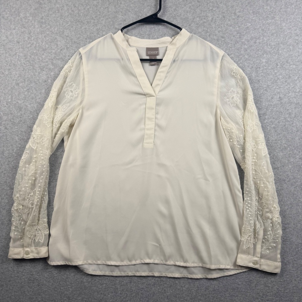 Chico's Blouse Womens 1 Ivory Embroidered Sheer Mesh Long Sleeve Split V-Neck